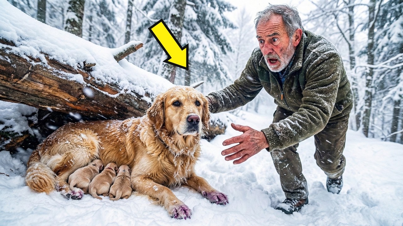 LEÑADOR ENCONTRÓ A UNA MAMA PERRA GOLDEN Y A SUS CACHORROS ABANDONADOS EN LA NIEVE