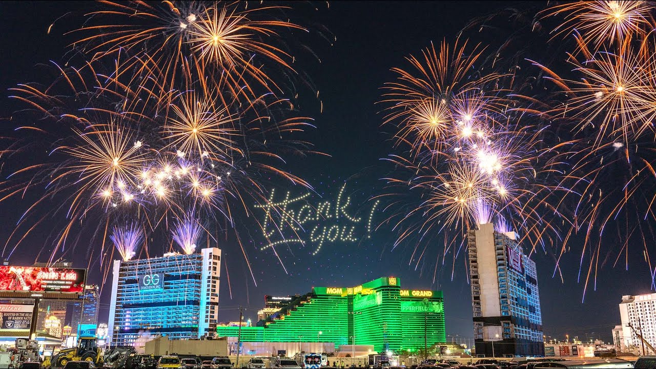 Tropicana Casino Building Demolition Implosion Fireworks and Drones Full Show