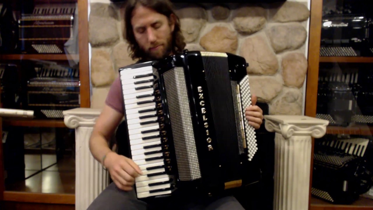 4158 - Like New Black Excelsior Symphony Gold Piano Accordion LMMH 42 120
