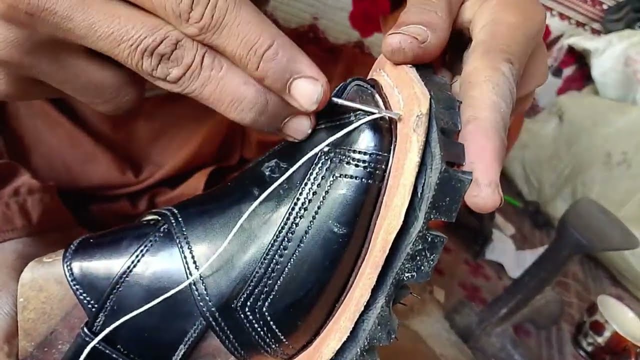 Stitching A New Peshawari Red & Black Chappal By Chappal Maker 