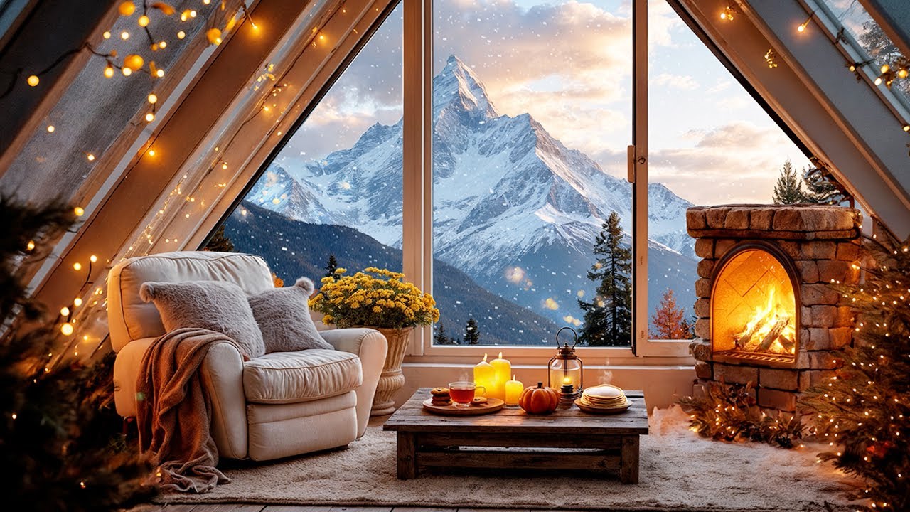 ❄️ Cozy Winter Cabin by the Snowy Mountains | Crackling Fireplace, Falling Snow & Warm Tea Ambience