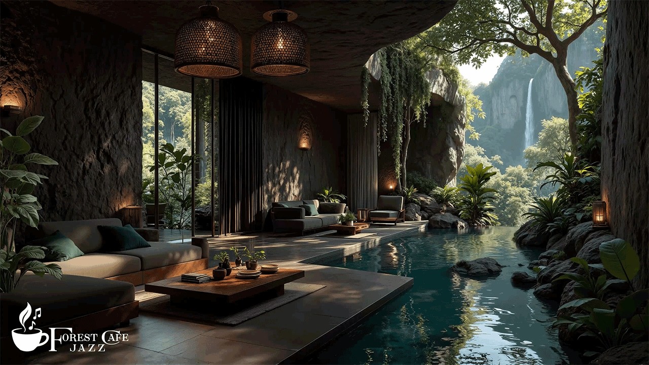 Quiet Hideaway Beside The Forest Waterfall | Soft Jazz Flowing Stream with Nature Therapy for Relax