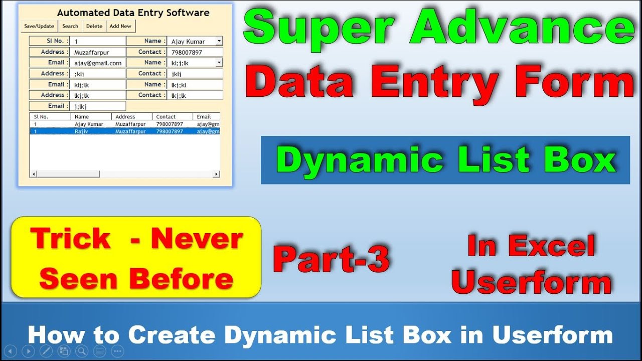 Advance Data Entry User software In Excel Pt-3 | Dynamic List box in Excel | Listbox vba Excel