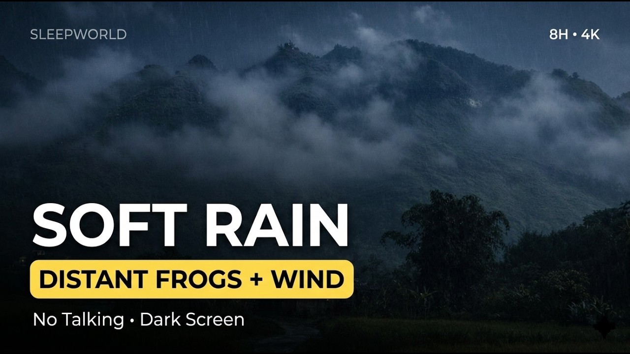 Soft Rain Sounds for Deep Sleep 🌧️ Distant Frogs & Gentle Wind (8 Hours) | 4KNo Talking, Dark Screen