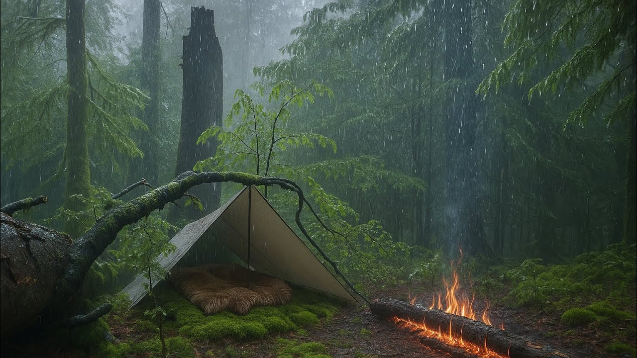 Extreme Rain Bushcraft | 2 Days Solo Survival in Hidden Forest Shelter