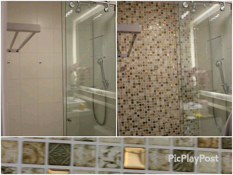 Antes e depois do banheiro - Pastilhas adesivas resinadas - Parceria MMilan