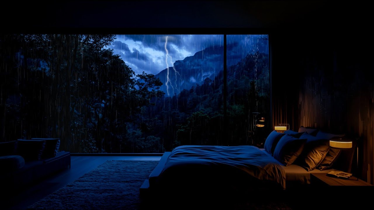 Rainy Night in Cozy Bedroom 🌧️ Mountain Thunderstorm Sounds for Falling Asleep Fast & Deep Sleep