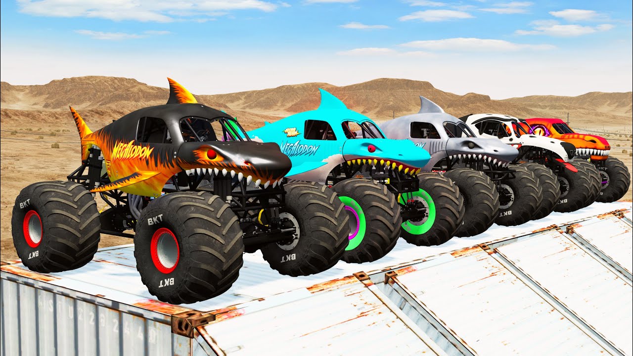 Big Monster Trucks Transport Triple Flatbed with Color Slide