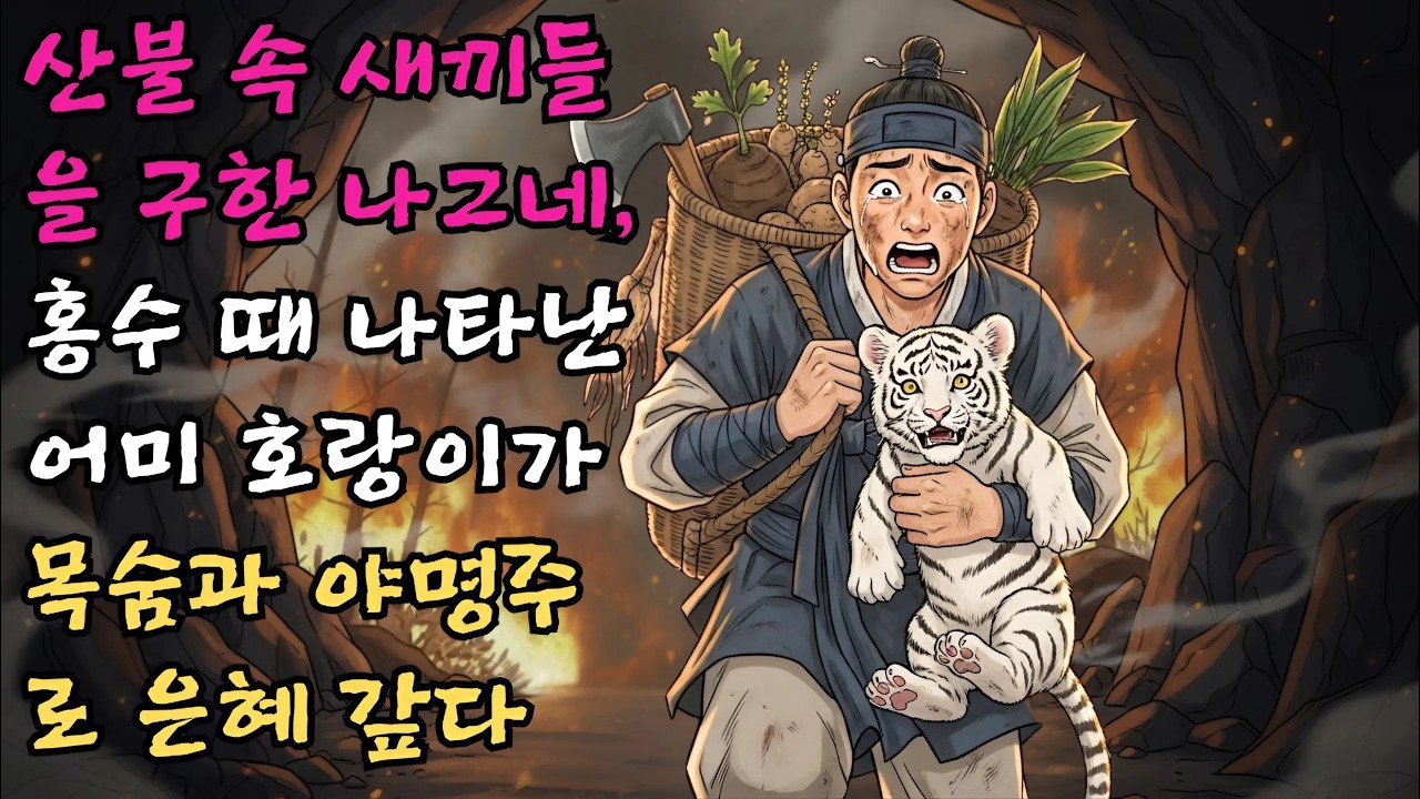 산불 속에서 새끼들을 구해준 나그네가 홍수에 휩쓸려갈 때 나타나 목숨을 구해주고 귀한 야명주를 선물한 어미 호랑이 이야기.#야담 #민담 #전설 #설화
