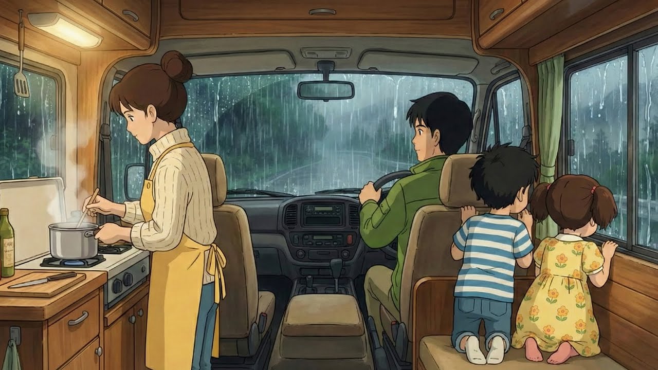 A Rainy Day in Our Mobile Home: Cooking Noodles & Seaside Sunset | Ghibli-Style Video