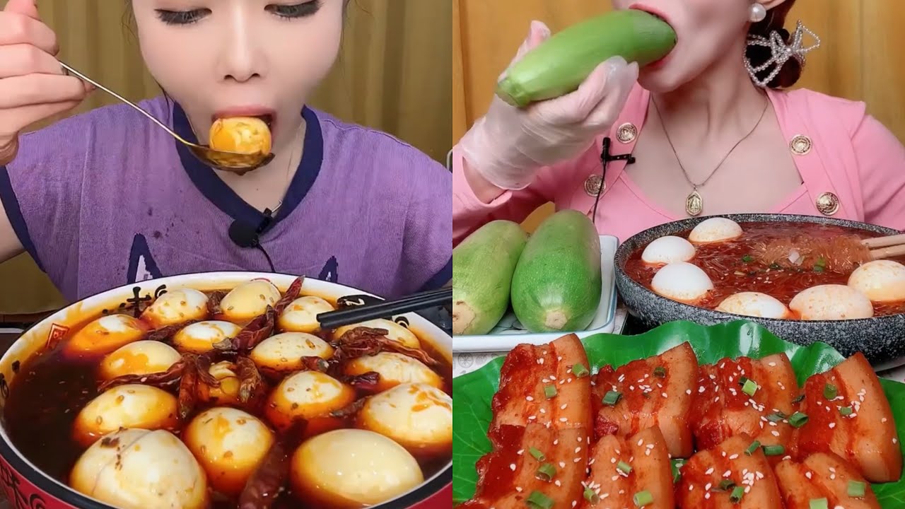 MUKBANGS EATING SOFT BOIL EGGS , BOILED ZUCCHINI , PORK,  NOODLES YUMMY ASMR CHINA FOOD
