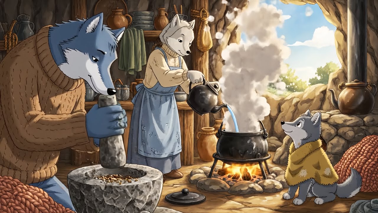 A family of wolves living in peace | ASMR | Animation Animal | Ghibli Style 🌧️✨🌿