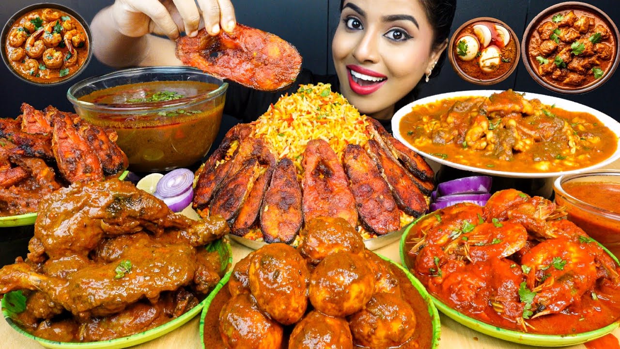 Eating Malabar Prawn Masala,Fish Mandi Biryani,Mutton Curry,Chicken Tangdi Curry ASMR Eating Mukbang