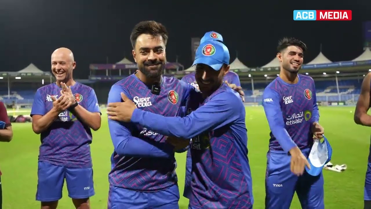 Rashid Khan & Mohammad Nabi hand over Nangyal Kharoti & Ijaz Ahmadzai with their debut T20I caps