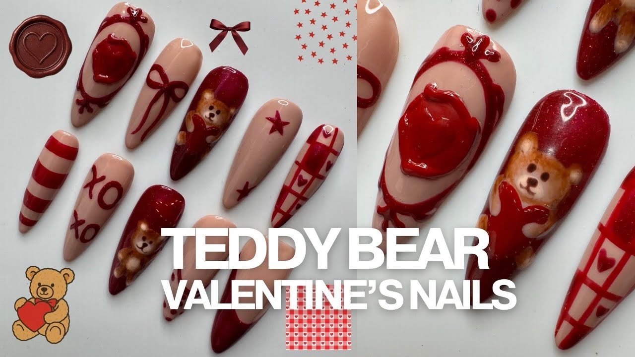 Teddy Bear Valentine’s Nails🧸❣️in depth nail art tutorial on adding shading, linework, & art gels.