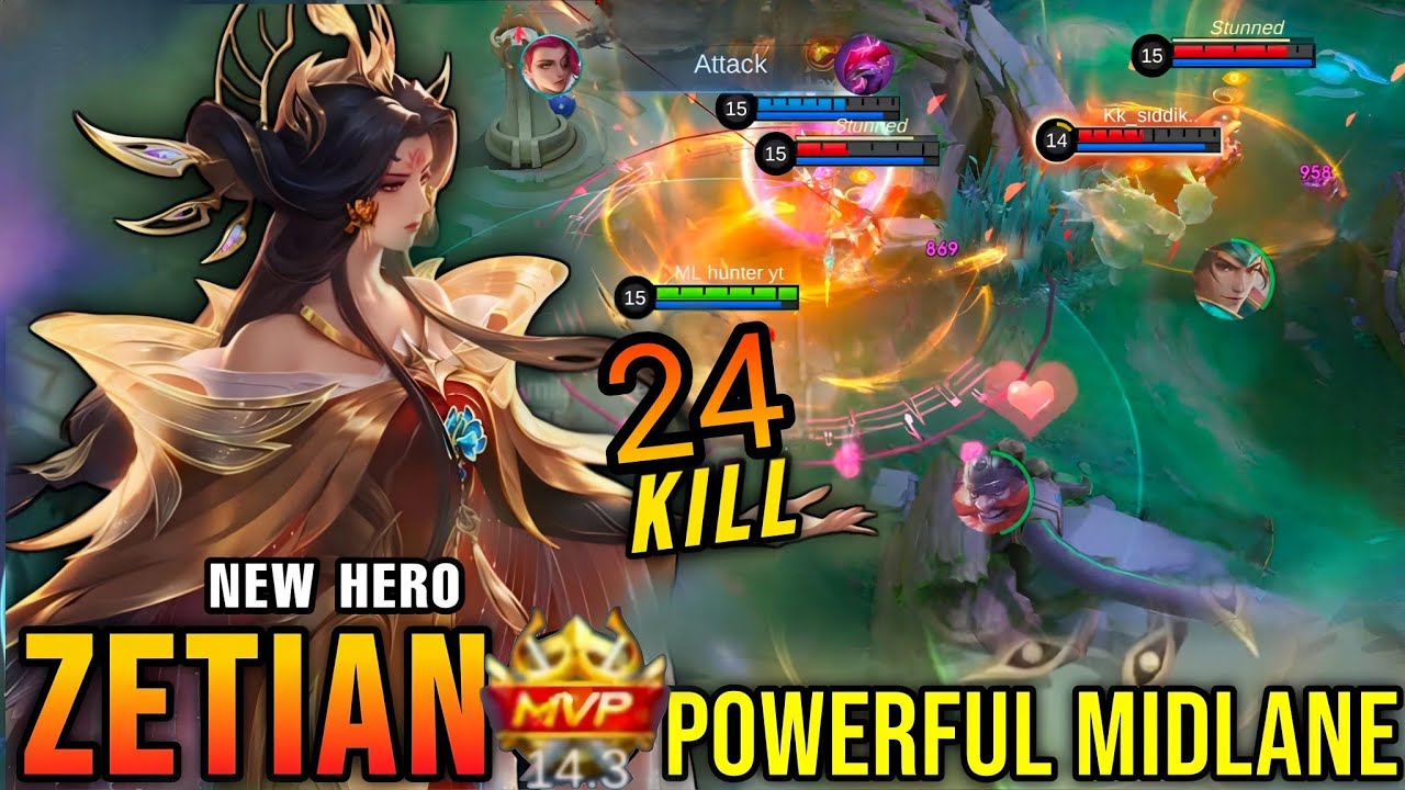 24 KILLS ZETIAN NEW HERO MLBB POWERFUL MIDLANE- New  Hero Tryout ~ MLBB