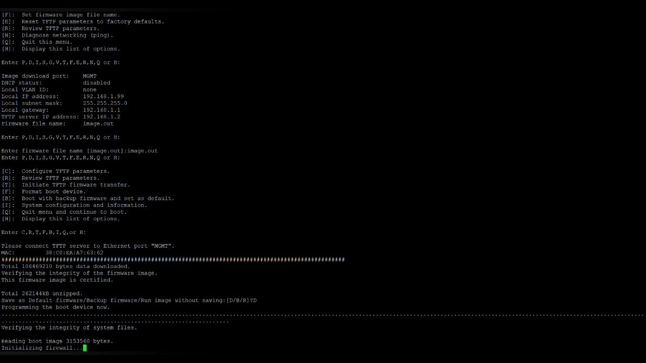 Installing new firmware via TFTP server on Fortigate 200F