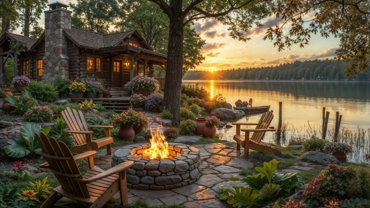 Cozy Peaceful Evening at a Lakeside Retreat | Cozy Fire & Nature Sounds for Relaxation