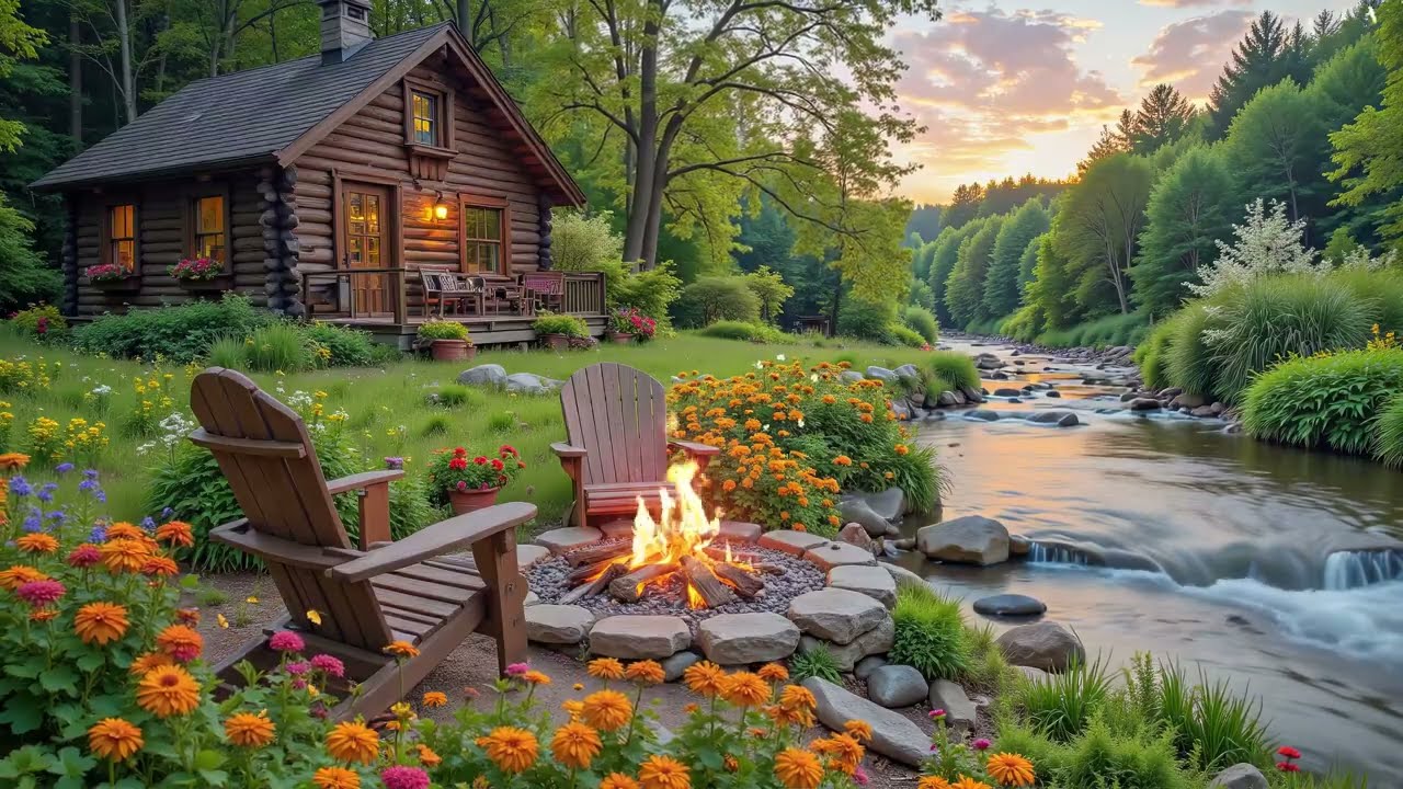 Cozy Cabin by the River 🌿 Forest Cabin, Fire Crackle & Birds - Happy Spring Morning Piano