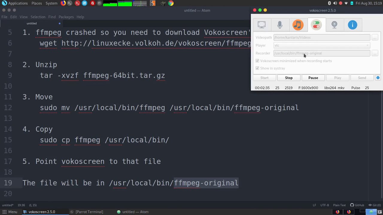 How to fix vokoscreen in parrot os 2019