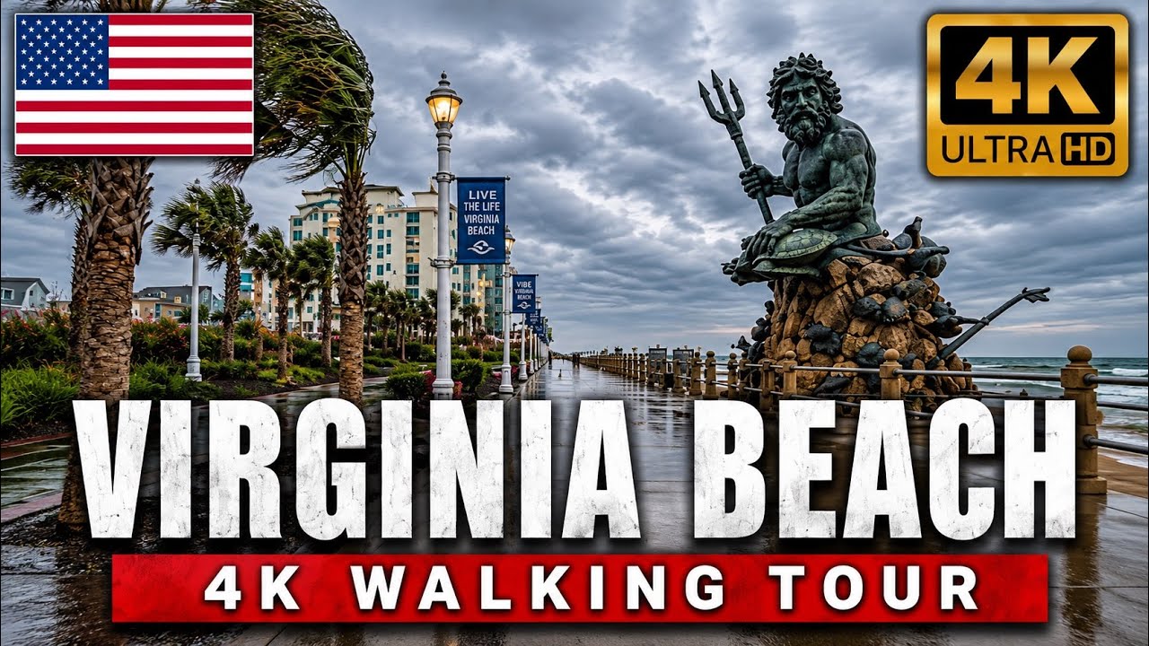 VIRGINIA BEACH BOARDWALK & SURF &mdash; Moody Oceanfront Walk | 4K 60FPS