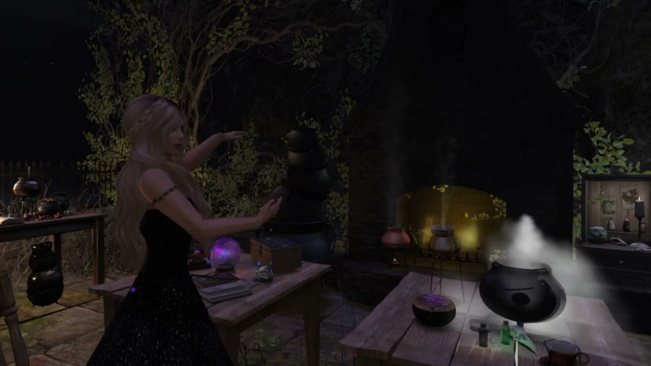 Ambience: Moonlit Witch’s Spell - Cauldrons, Fireplace & Harp (Second Life)