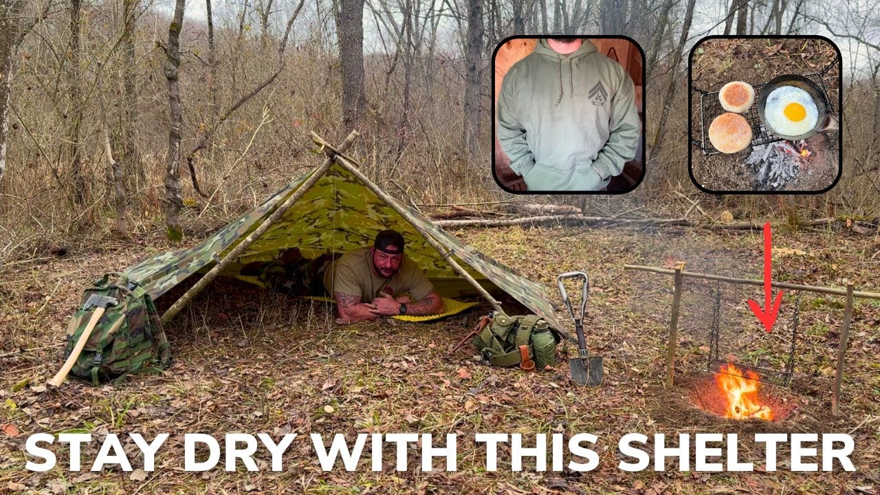 Solo Overnight Building a Watertight Low-Profile Shelter in a Rainstorm and Swing Grill McMuffins