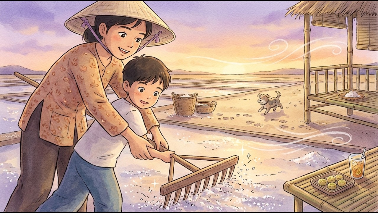 Cozy Summer Salt Fields: Raking White Crystals at Sunset ASMR | Ghibli Style Slow Living & Cooking