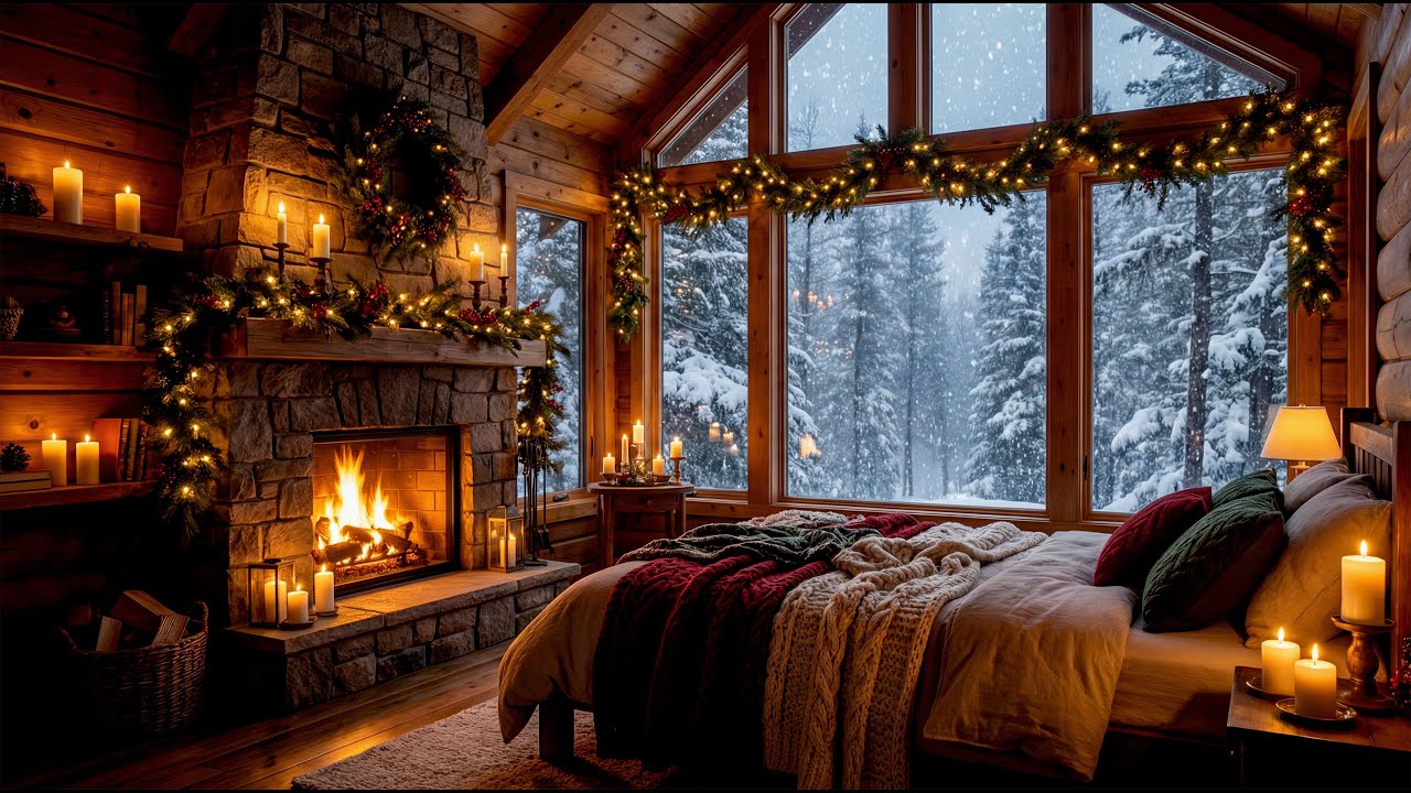 Cabin Fireplace Ambience | Hygge Evening in Snowy Retreat