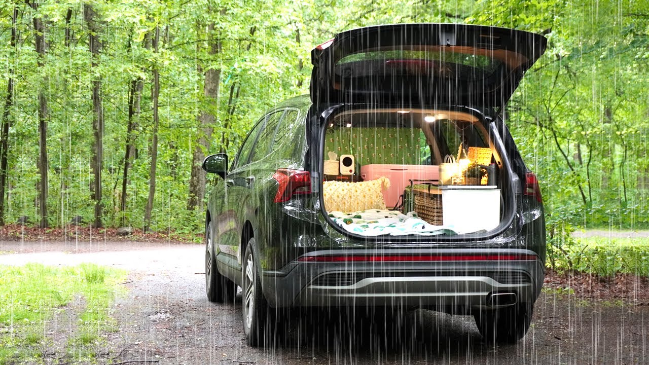 RAINY SOLO SUV Camping – My Secret Toilet & Sink Setup in the Car | Subtle Gear Reveal in the Forest