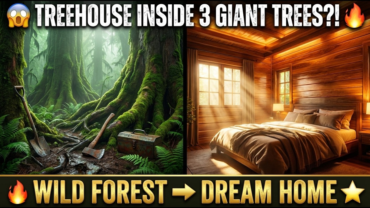 Treehouse Odyssey: Solo Craftsman Builds Misty Forest Dream on 3 Giant Trees