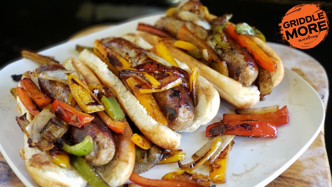 Brats with Peppers and Onions on the Blackstone Griddle
