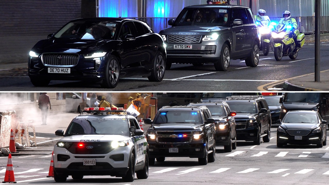 Motorcades of VIPs escorted by police in USA and UK