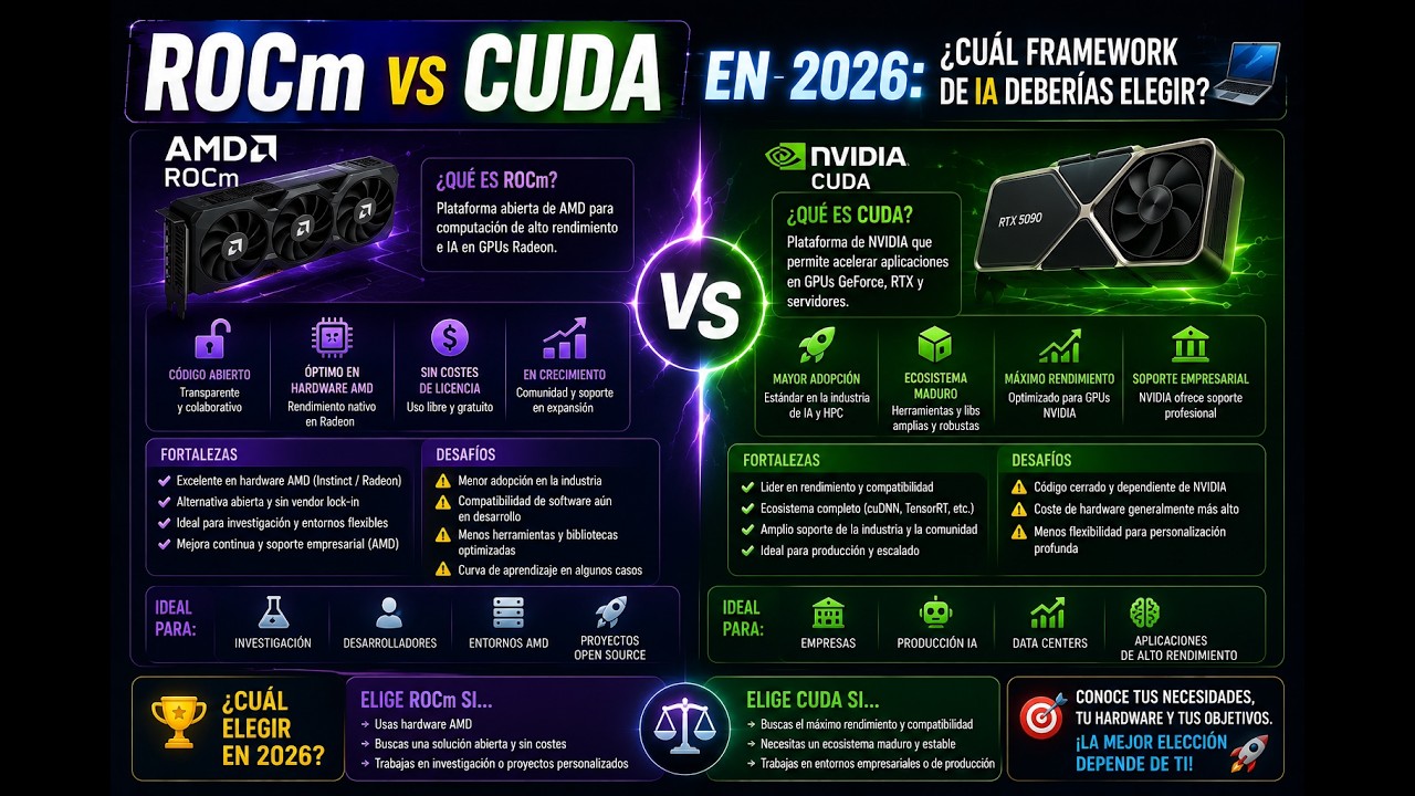 ROCm vs CUDA en 2026: &iquest;Cu&aacute;l framework de IA deber&iacute;as elegir? 💻