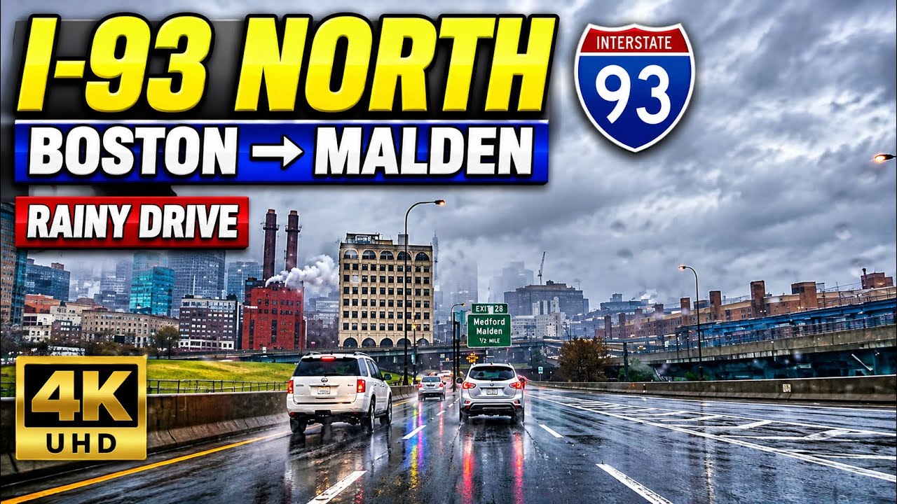 I-93 North | Boston to Devir Street Malden MA | 4K Rainy Day Drive  - 12/11/21