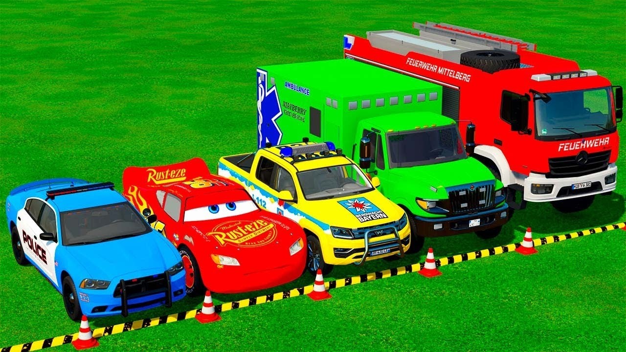 TRANSPORTING PIXAR CARS & FRUITS WITH COLORED & JOHN DEERE vs CLAAS vs TRACTORS - BeamNG.drive #983