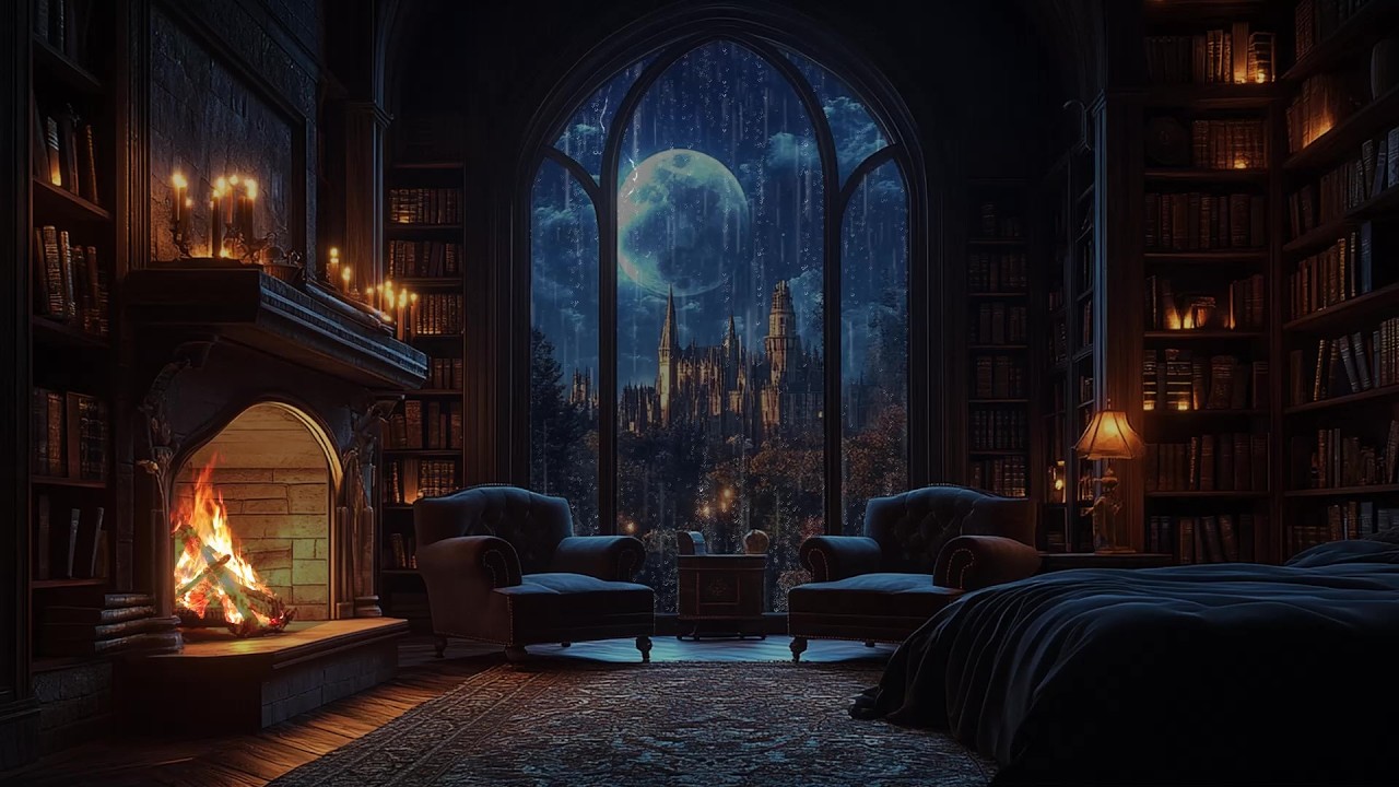 🌧️ Night Storm Outside a Snug Library Bedroom | Fireplace Glow & Rain Tapping | Sleep Fast