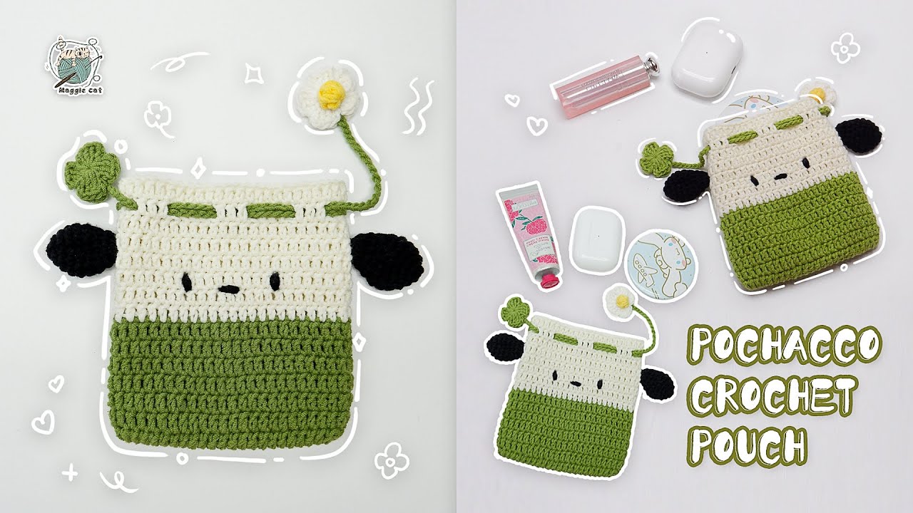*♡ Pochacco crochet pouch For beginner *♡ 11cm x 12cm 鉤針編織簡單易學帕恰狗束口袋教程，簡單易上手+可愛百分百