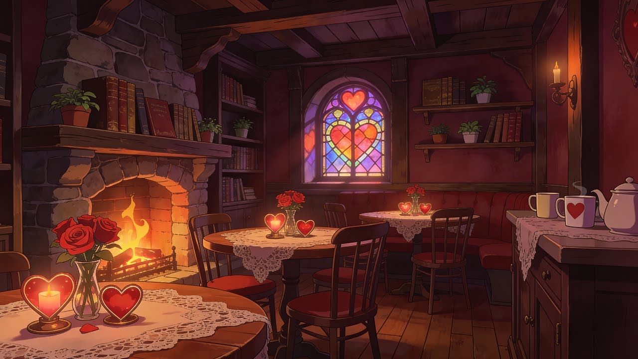 Cozy Romantic Valentine's Jazz Cafe Ambience | Soft Jazz with Warm Crackling Fireplace for Relaxing