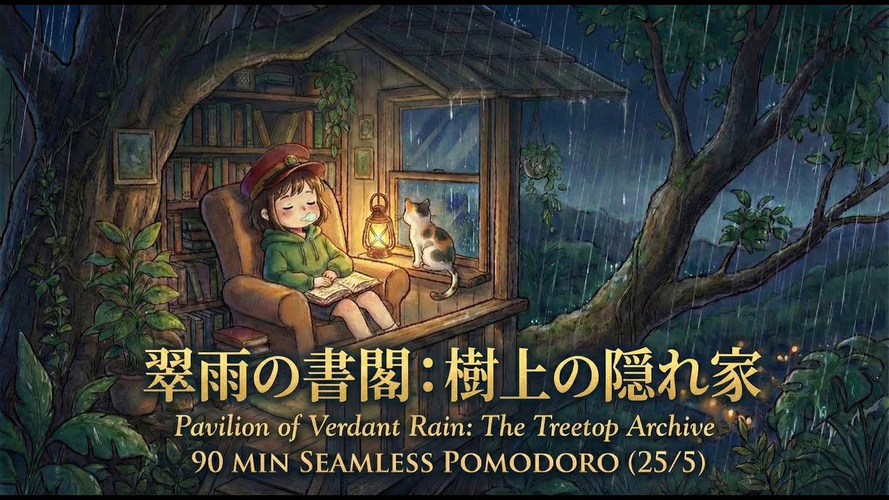 翠雨の書閣：樹上の隠れ家 | Pavilion of Verdant Rain: The Treetop Archive | 90-Min Seamless Pomodoro (25/5)