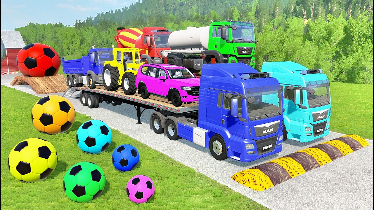 Flatbed Trailer McQueen Transportation with Truck - Speedbumps vs Cars vs Train ⁃ BeamNG.Drive #4