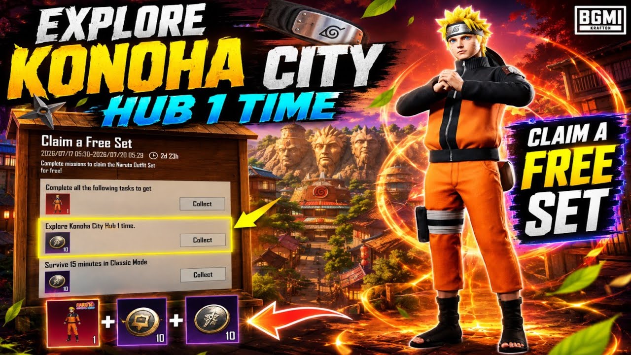 😍EXPLORE KONOHA CITY HUB 1 TIME | CLAIM A FREE SET EVENT IN BGMI | FREE MYTHIC NARUTO SET