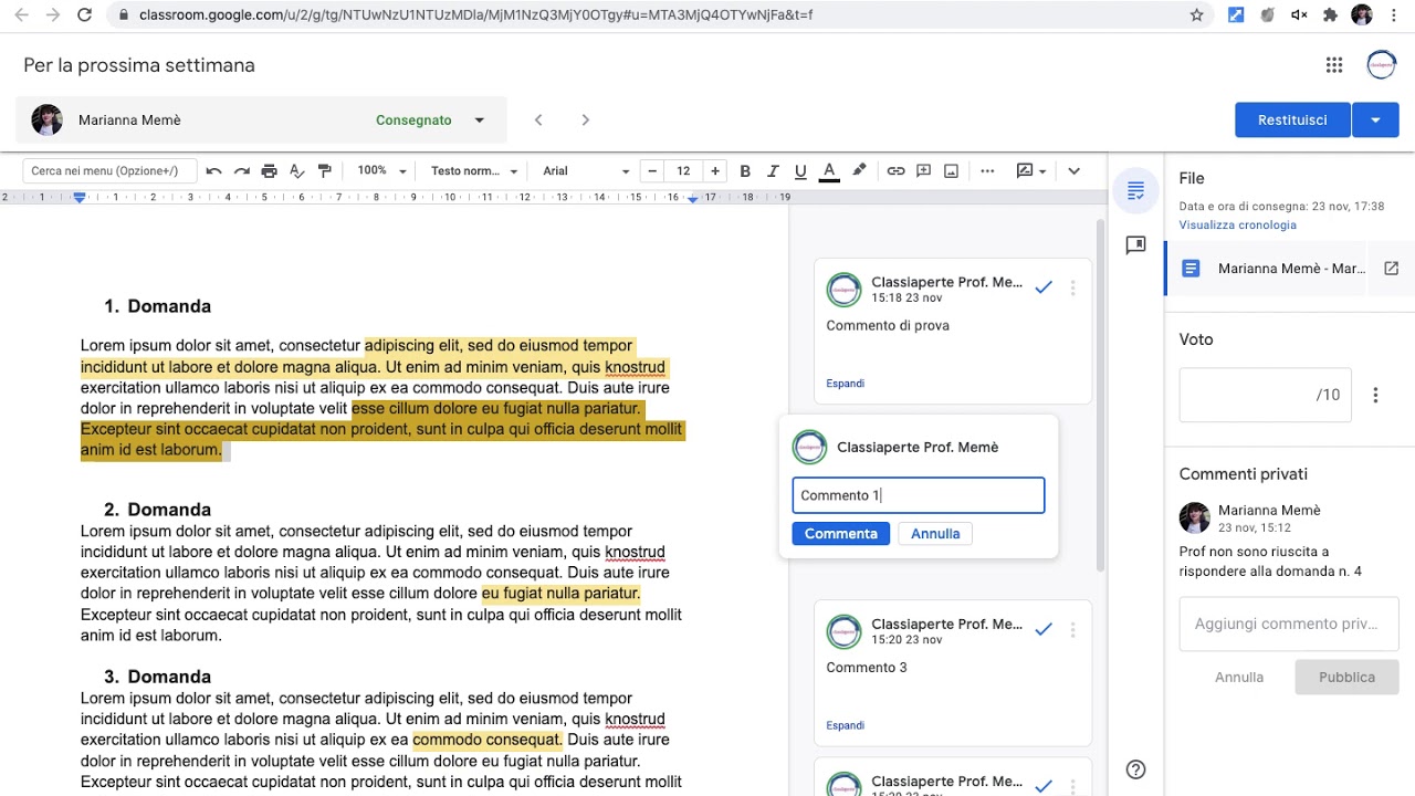 Primi passi su Classroom: correggere e restituire un compito