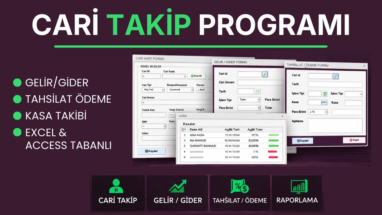 Excel Cari Takip Programı | Gelir Gider, Tahsilat & Kasa Yönetimi | Pratik Programlar Serisi