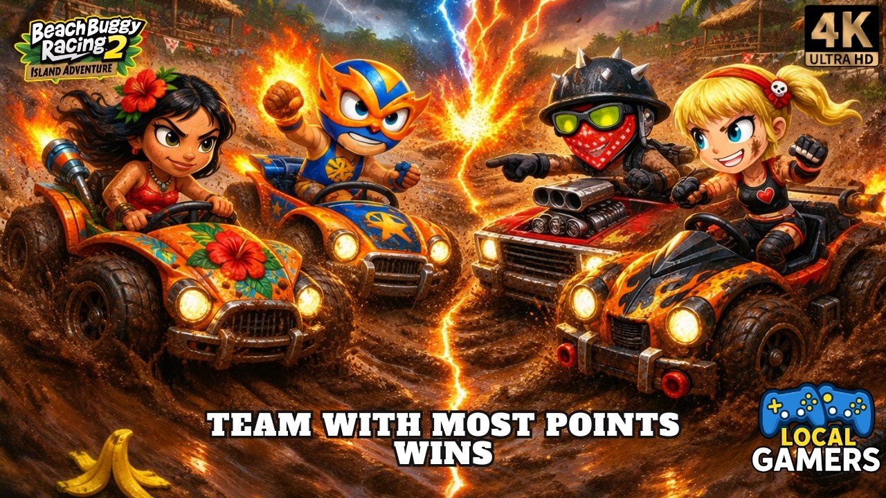 4 Player Split Screen (2v2) | El Zipo & Leilani vs Clutch & Roxie Roller | Beach Buggy Racing 2 (4K)