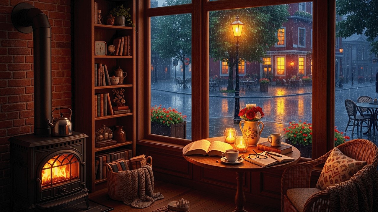Peaceful Rainy Cafe Soft Piano Music with Warm Fireplace