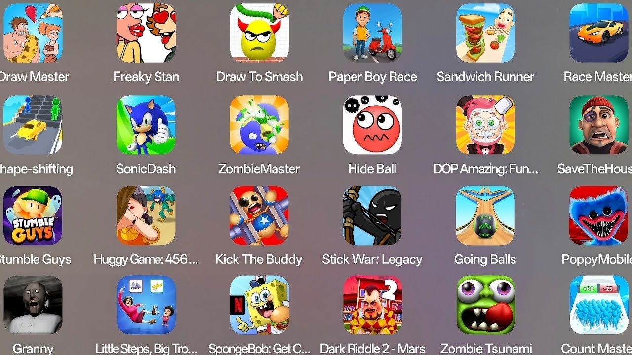 Roblox,Grimace Monster Scary Survival,Granny,Poppy Playtime 4,Kick The Buddy,Stumble Guys,Hide Ball