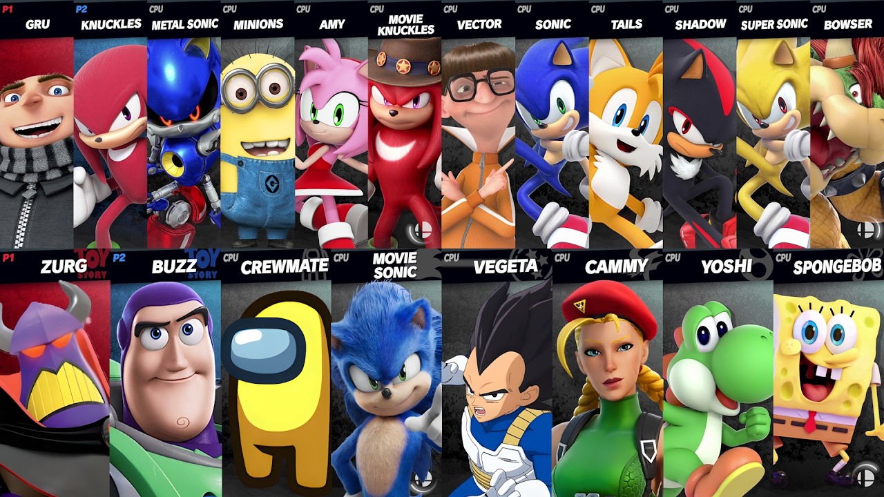 Sonic vs Mario vs SpongeBob vs Among Us vs Vegeta vs Buzz vs Zurg | Super Smash Bros Ultimate