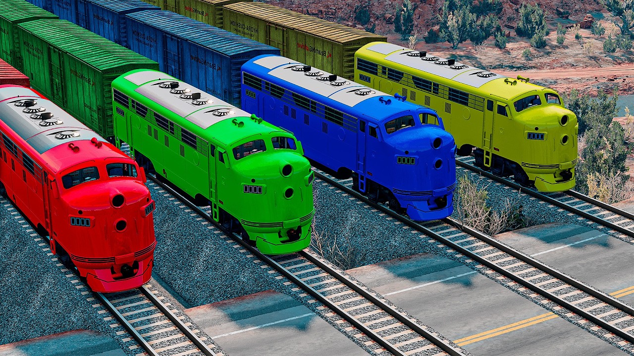 Quadruple Colorful Trains vs Wavy Impossible Weird Rail Track Crossing Deepwater | BeamNG.drive