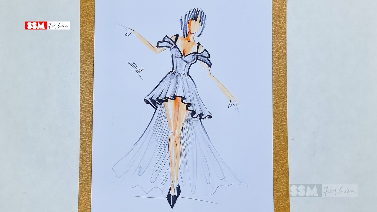 SSM Fashion 2026 Runway Dress Sketch: Off-Shoulder Gown with Ruffled Details